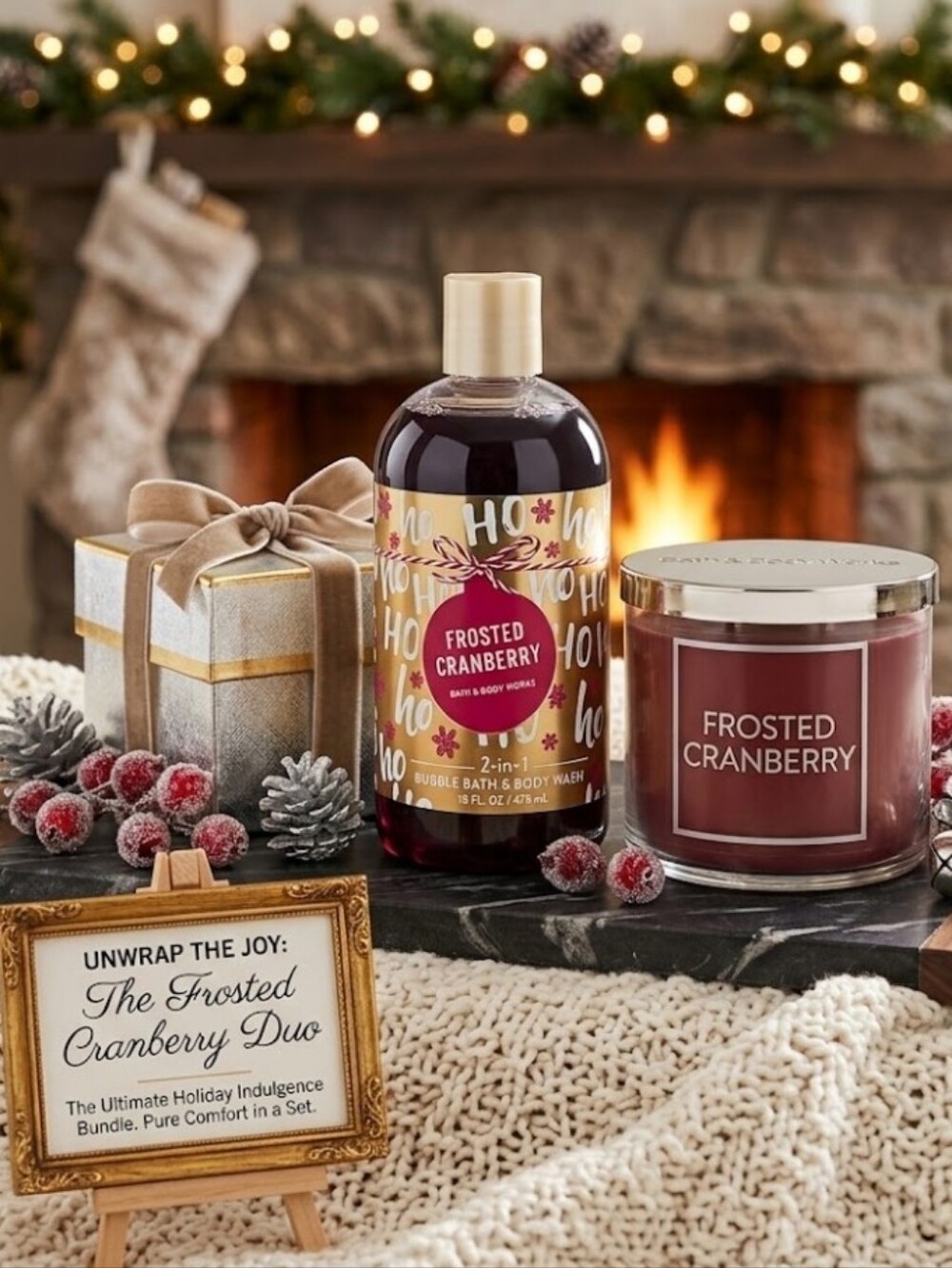 Bath and Body Works Frosted cranberry bubble bath and Candle Holiday Gift Set
